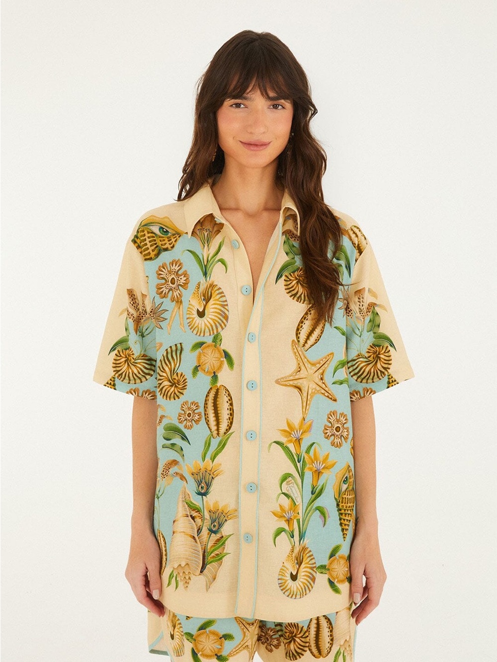 FARM RIO Seashell Print Short-Sleeve Shirt - Cream & Light Blue NWT XXS
